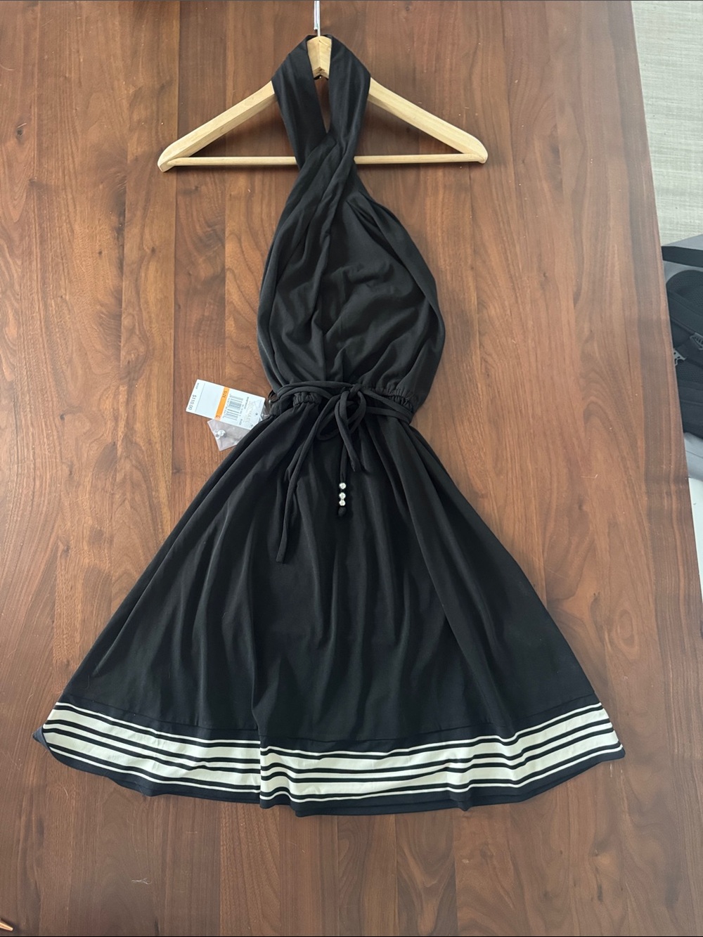 MICHAEL Michael Kors Black Strapless Halter Dress with White Striped Hem